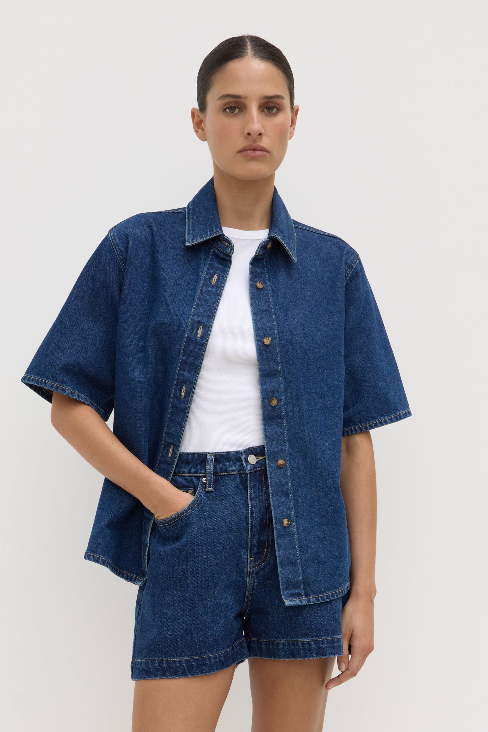 Boxy Denim Short Sleeve Shirt